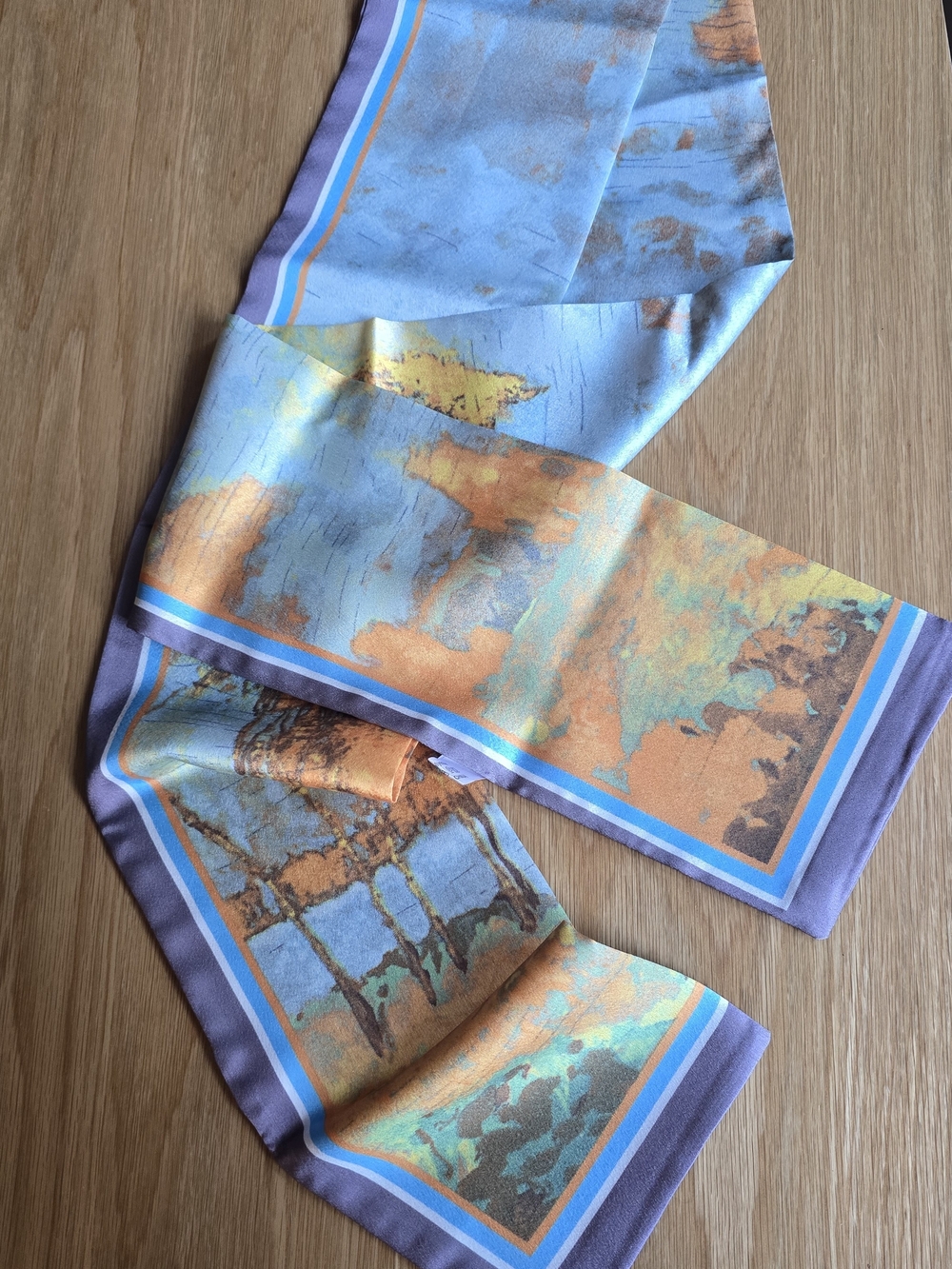 Silk-Feel Scarf in Light Blue and Orange